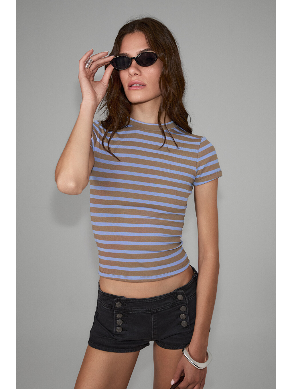 Hopewell Kadın Yuvarlak Yaka Örme Slim Fit Kahverengi-mavi T-shirt-2