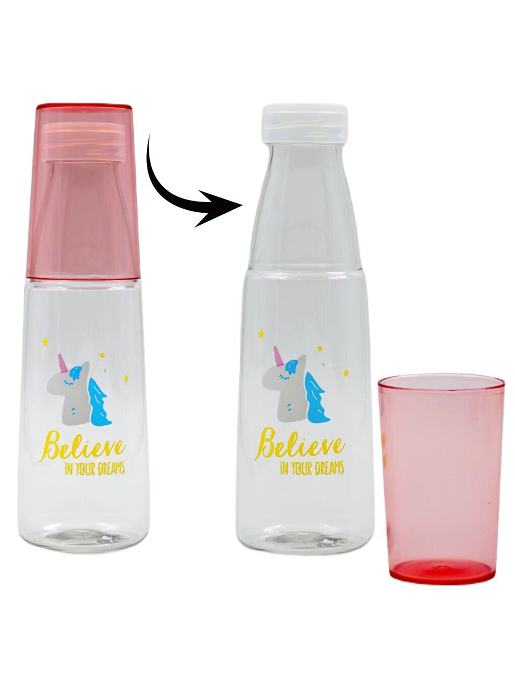 BottleBoss Pembe Renkli Bardaklı Desenli Sızdırmaz Kapaklı Su Şişesi Matara 600 Ml Pembe - 4