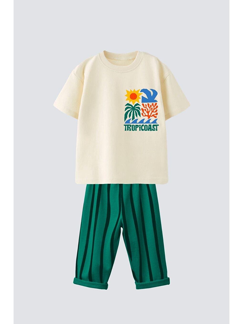 Bej Erkek Çocuk Bisiklet Yaka Pamuklu Jogger Pantolonlu Altüst Takım