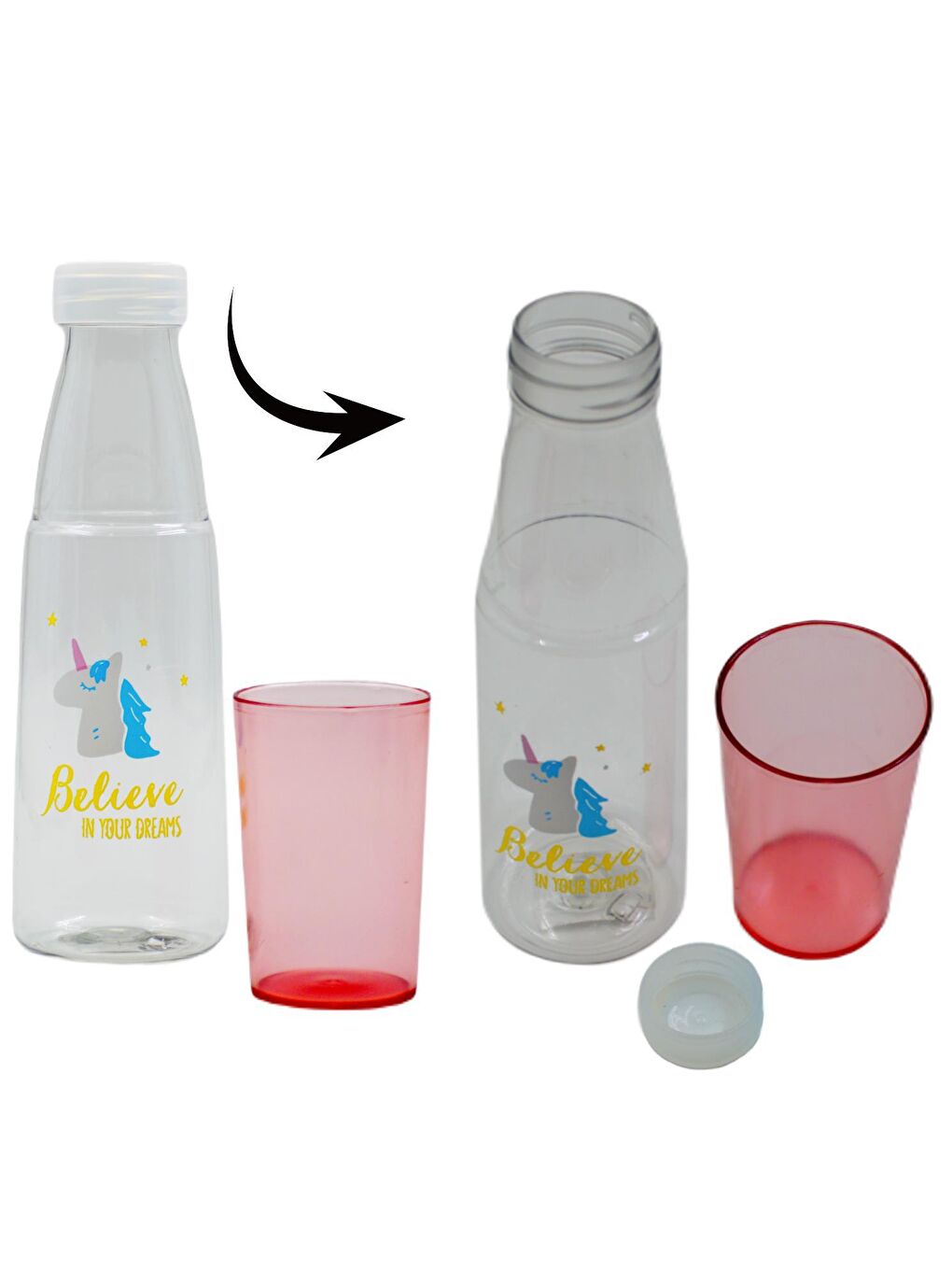 BottleBoss Pembe Renkli Bardaklı Desenli Sızdırmaz Kapaklı Su Şişesi Matara 600 Ml Pembe - 5