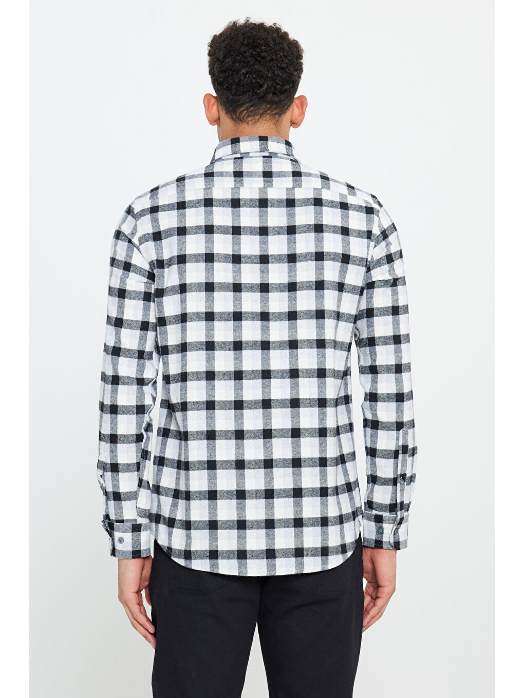 Erkek Siyah-Gri Slim Fit Dar Kesim Düğmeli Yaka Kareli Kışlık Flanel Oduncu Gömlek-4