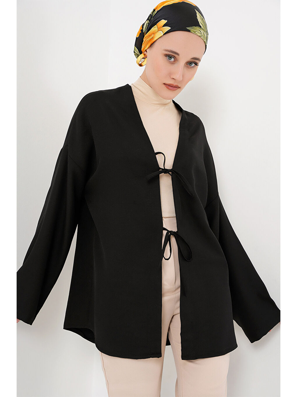 Keten Tesettür Kimono 5968 - Siyah