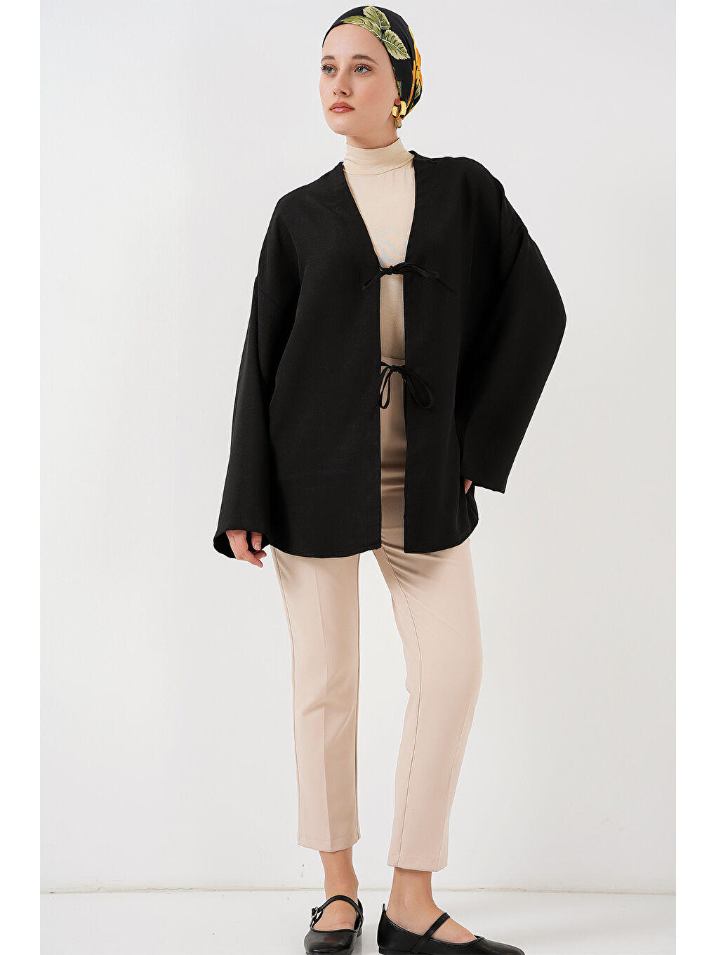 Keten Tesettür Kimono 5968 - Siyah-1