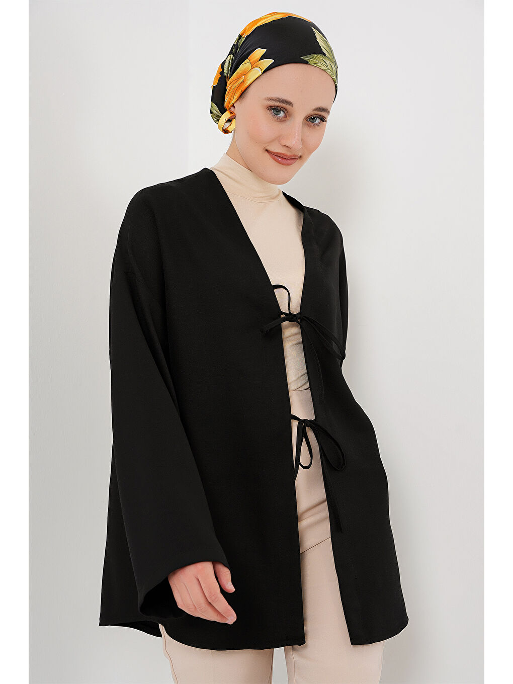 Keten Tesettür Kimono 5968 - Siyah-3