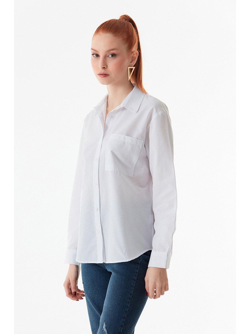 Beyaz Basic Tek Cepli Oversize Gömlek-4