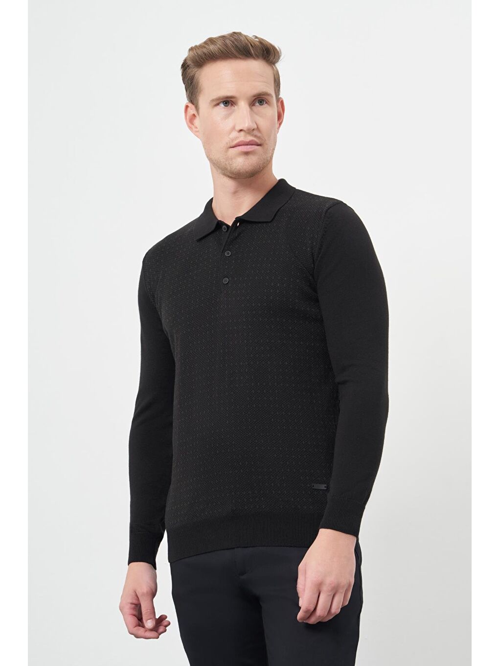 Siyah Uzun Kol Kendinden Desenli Örme Polo Yaka Classic Comfort Fit Triko 1012245162