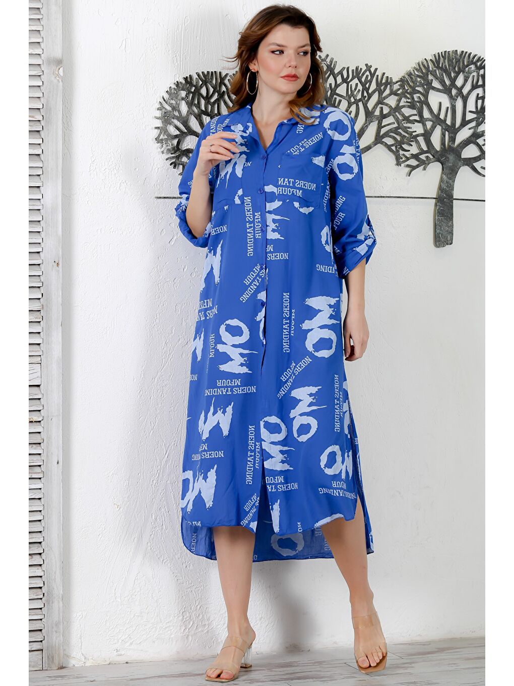 İtalyan Mavi Gömlek Yaka Düğmeli Uzun Kollu Çift Cepli Allover Baskılı Dokuma Elbise 130 65-4