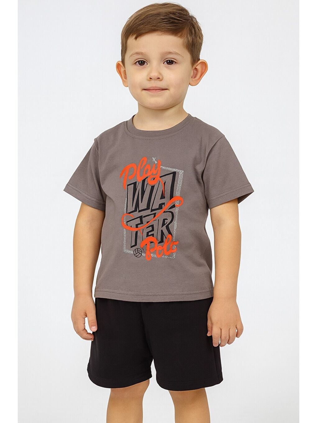 Antrasit Play Polo Yazı Baskılı 2'li Tişört Alt Üst Takım