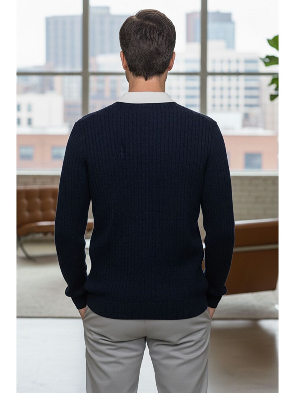 Lacivert Erkek Polo Yaka Kendinden Desenli Triko Kazak-1