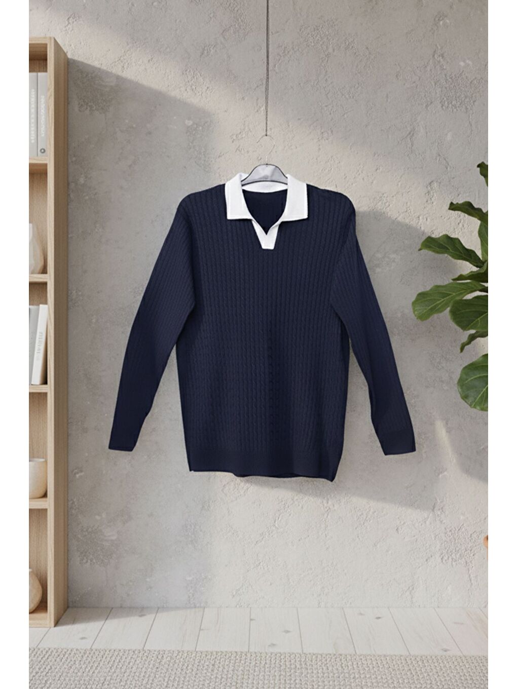 Lacivert Erkek Polo Yaka Kendinden Desenli Triko Kazak-2