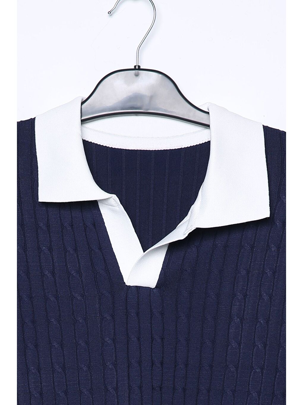 Lacivert Erkek Polo Yaka Kendinden Desenli Triko Kazak-3