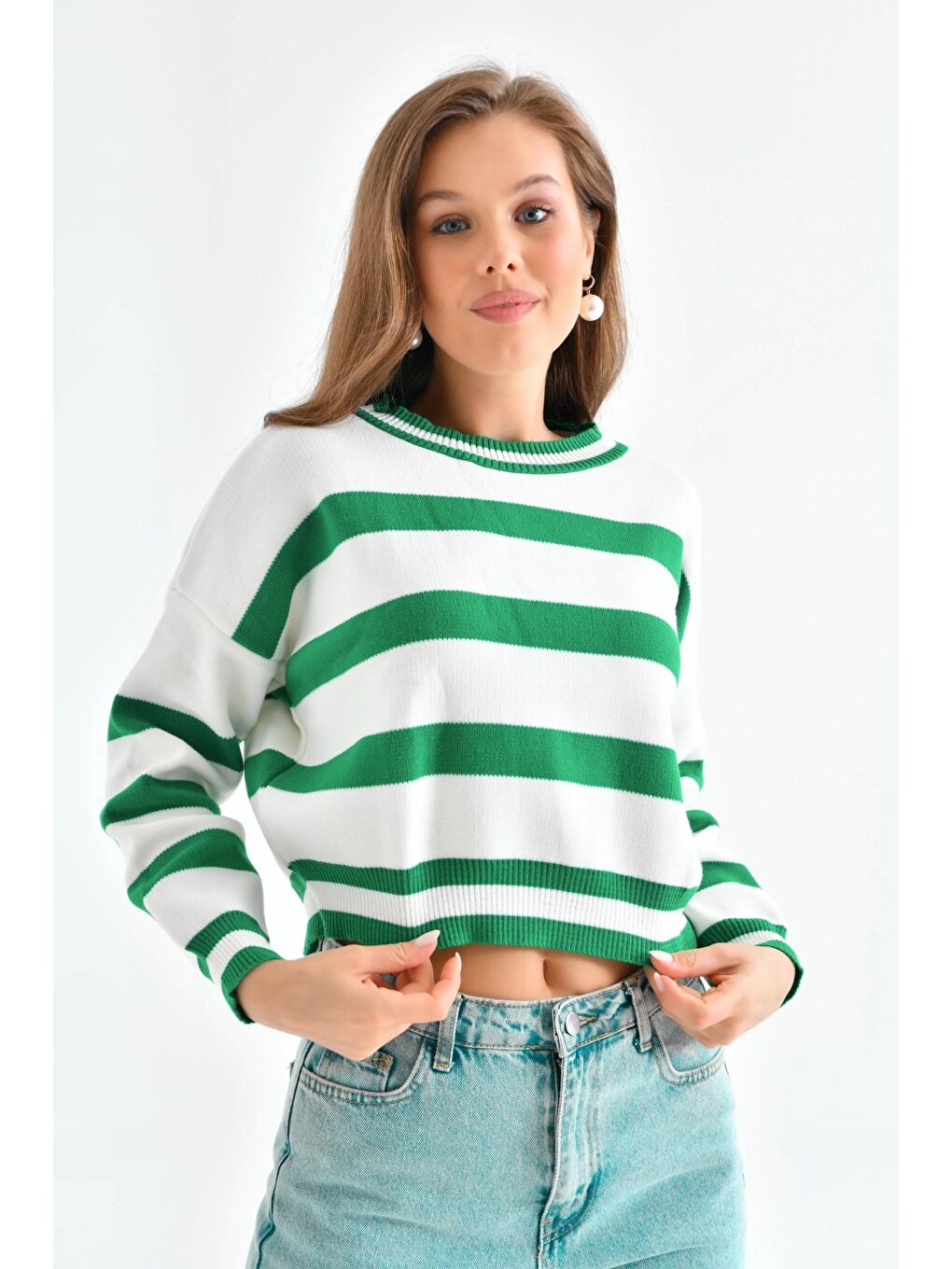 Yeşil Çizgili Crop Bisiklet Yaka Triko Kazak-2