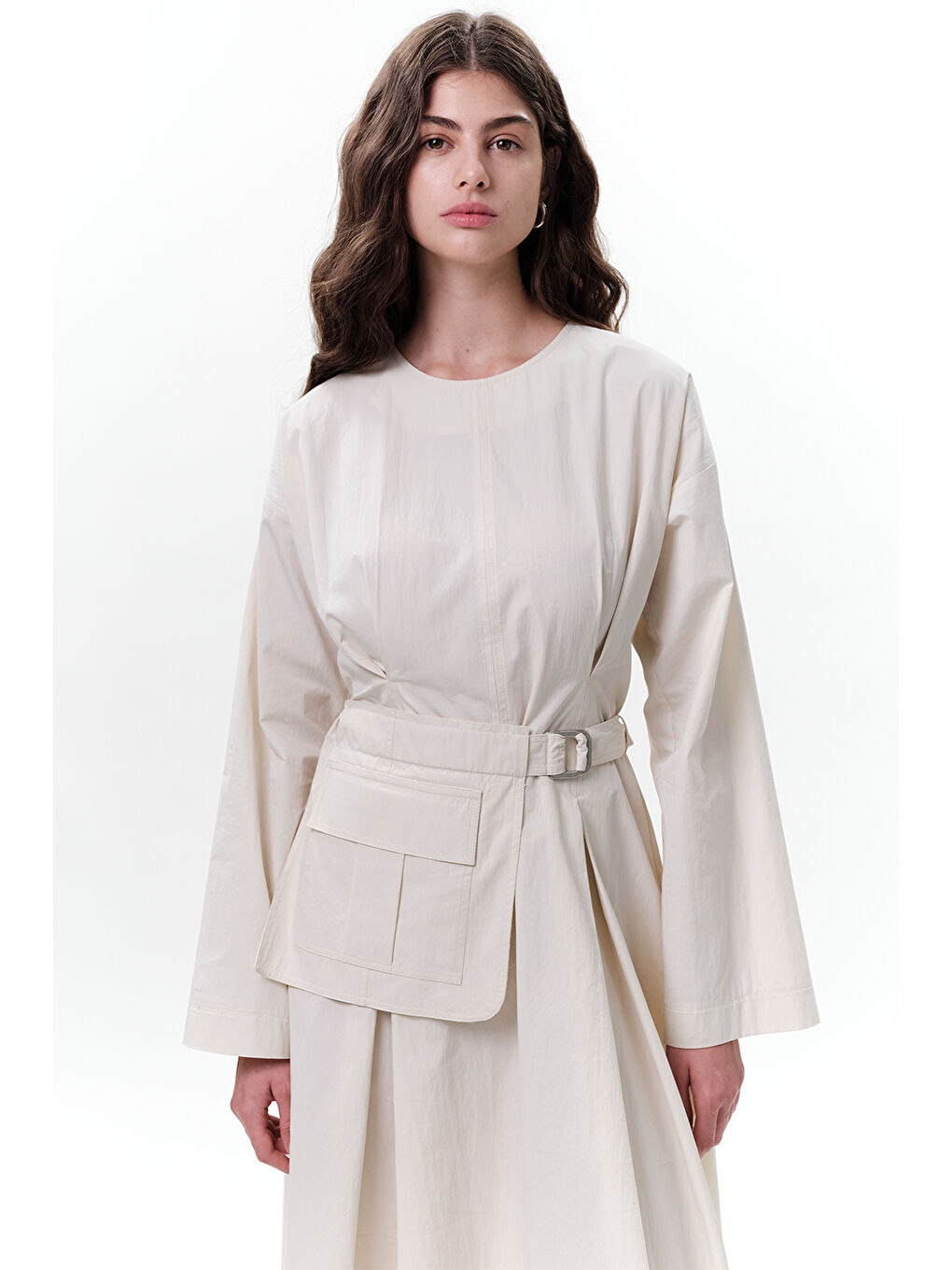 Bej Cepli Kemer Detaylı Elbise Taş-1