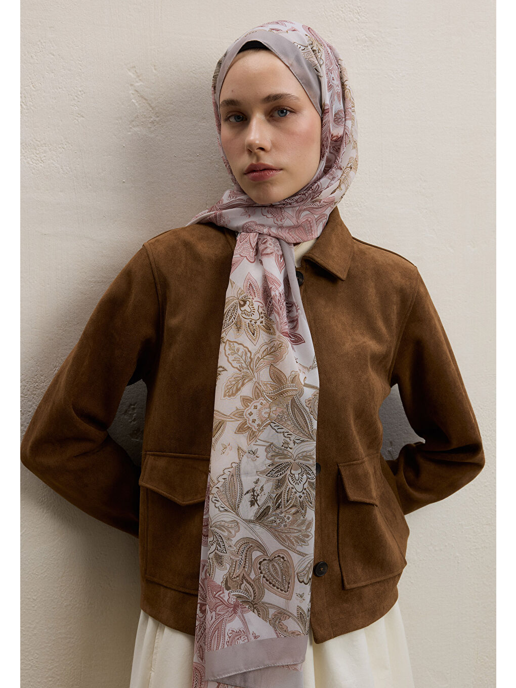 Bej Meva Desen İpek Krep Şal Vizon-1