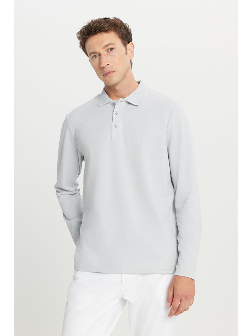 Erkek Gri %100 Pamuk Standart Fit Normal Kesim Polo Yaka Sweatshirt