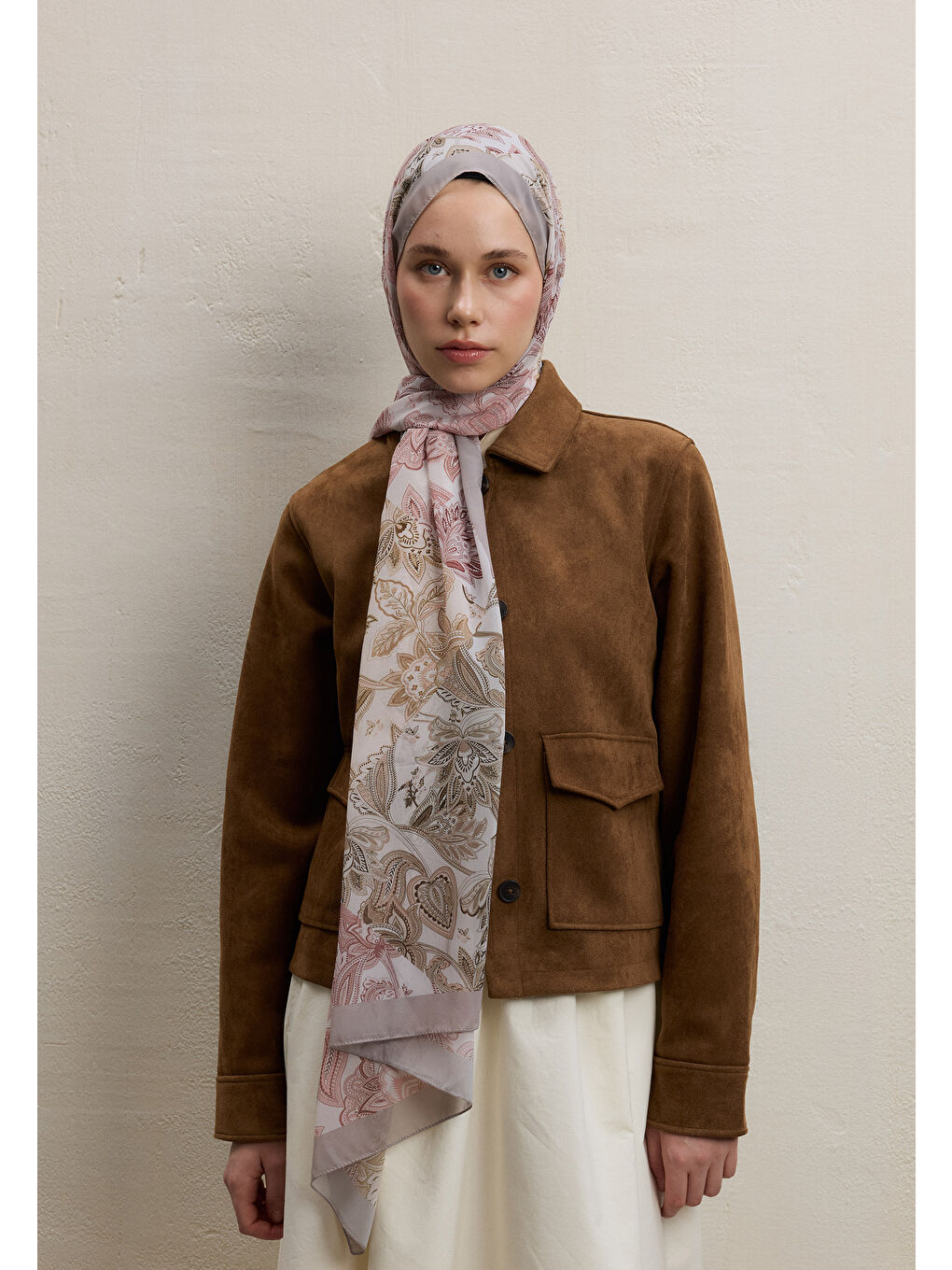 Bej Meva Desen İpek Krep Şal Vizon-2