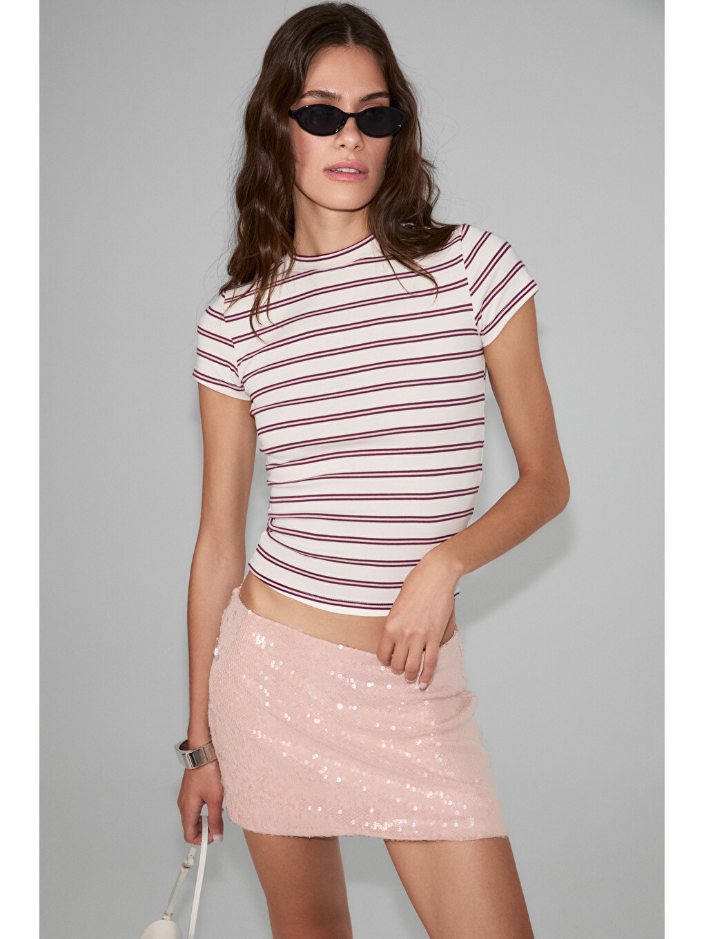 Hopewell Kadın Yuvarlak Yaka Örme Slim Fit Ekru-bordo T-shirt