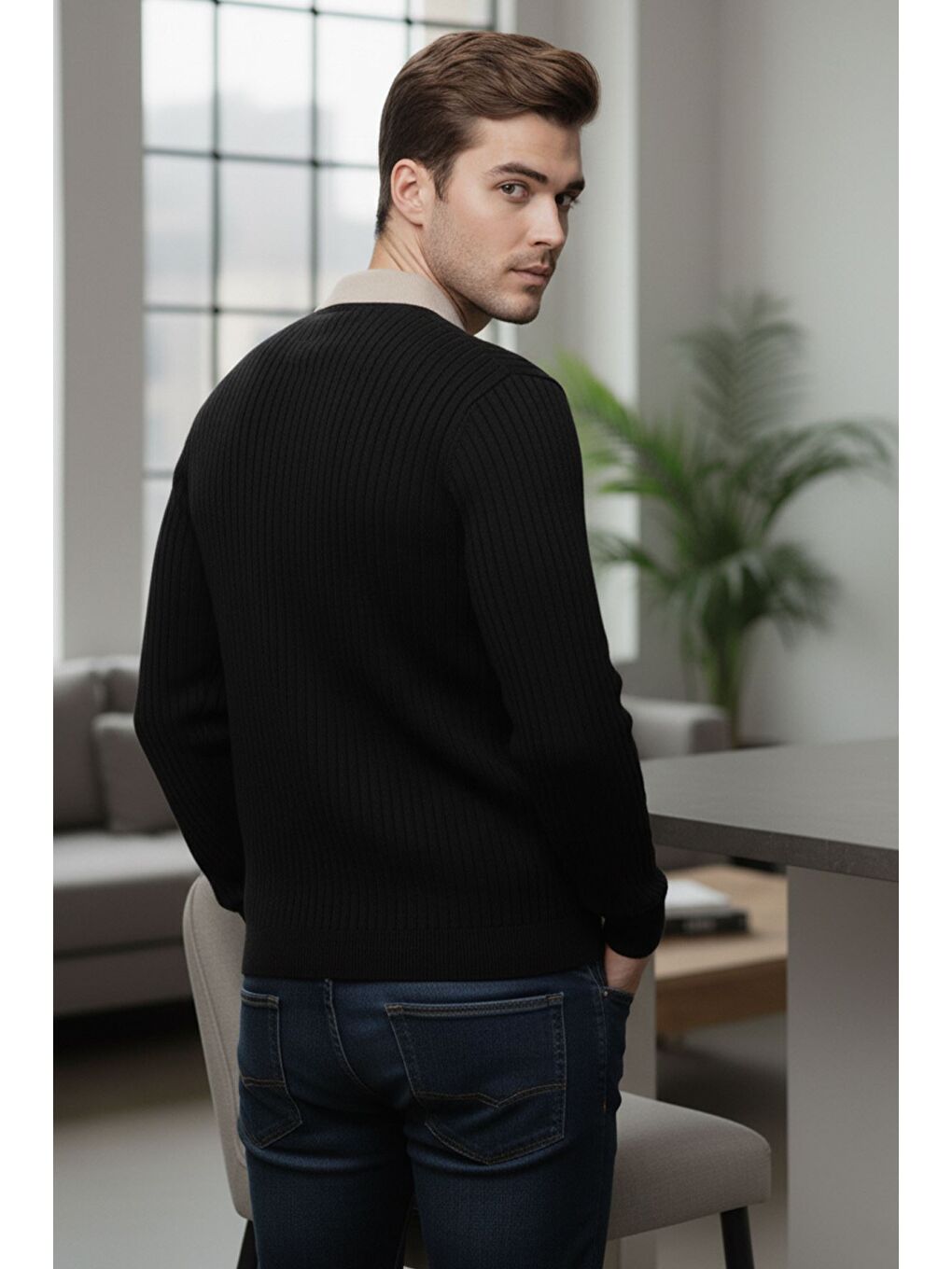 Siyah Erkek Polo Yaka Kendinden Desenli Triko Kazak-1