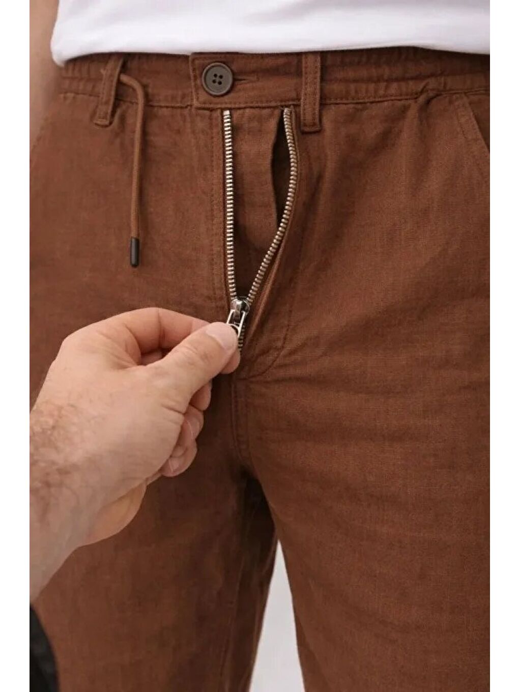 Kahverengi Erkek Keten Cepli Pantolon Lastikli Bel Bağcıklı Önden Fermuarlı-1