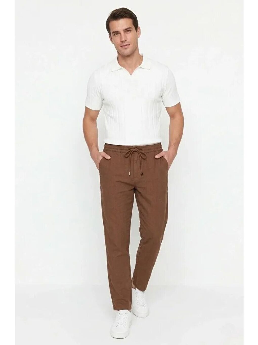 Kahverengi Erkek Keten Cepli Pantolon Lastikli Bel Bağcıklı Önden Fermuarlı-2