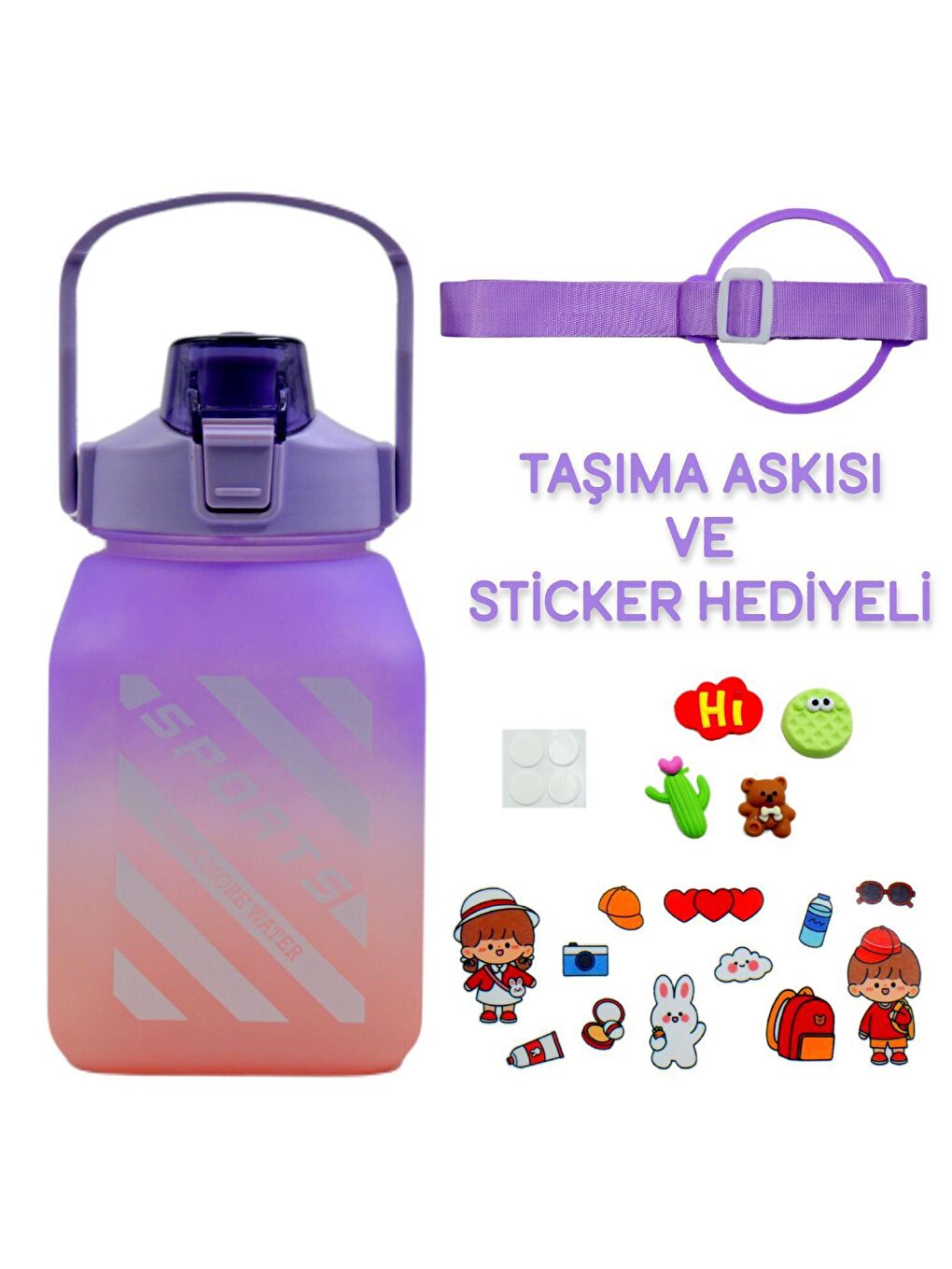 BottleBoss Mor Kare Spor Model Taşıma Askılı Pipetli Motivasyon Matarası 1,5 Litre Sticker HEDİYELİ Mor - 1