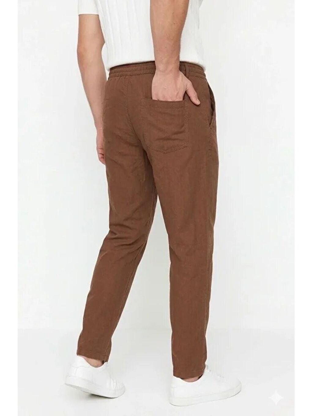 Kahverengi Erkek Keten Cepli Pantolon Lastikli Bel Bağcıklı Önden Fermuarlı-3
