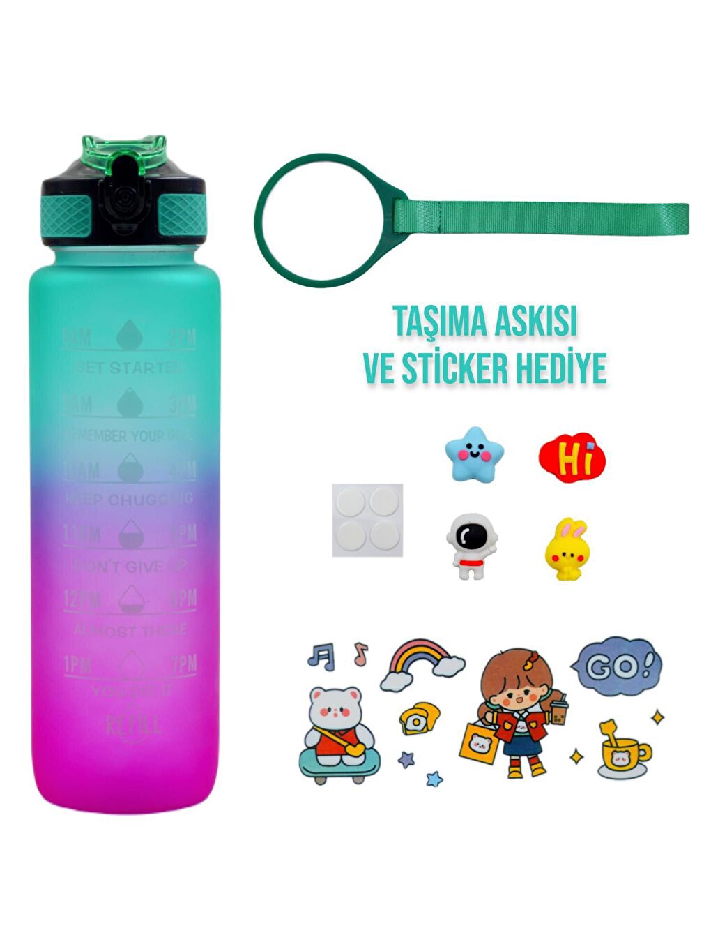 BottleBoss Renk Geçişli Sızdırmaz Kapak Motivasyon Matarası 1 Litre Sticker HEDİYELİ Yeşil (BB-89959)YSL - 1