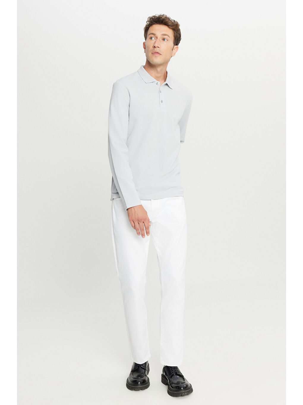 Erkek Gri %100 Pamuk Standart Fit Normal Kesim Polo Yaka Sweatshirt-1