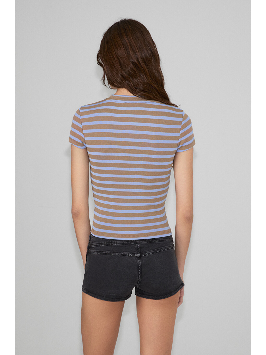 Hopewell Kadın Yuvarlak Yaka Örme Slim Fit Kahverengi-mavi T-shirt-4