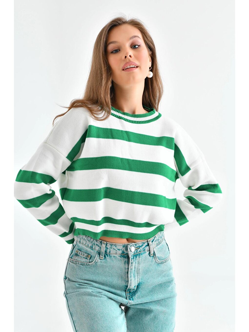 Yeşil Çizgili Crop Bisiklet Yaka Triko Kazak-4