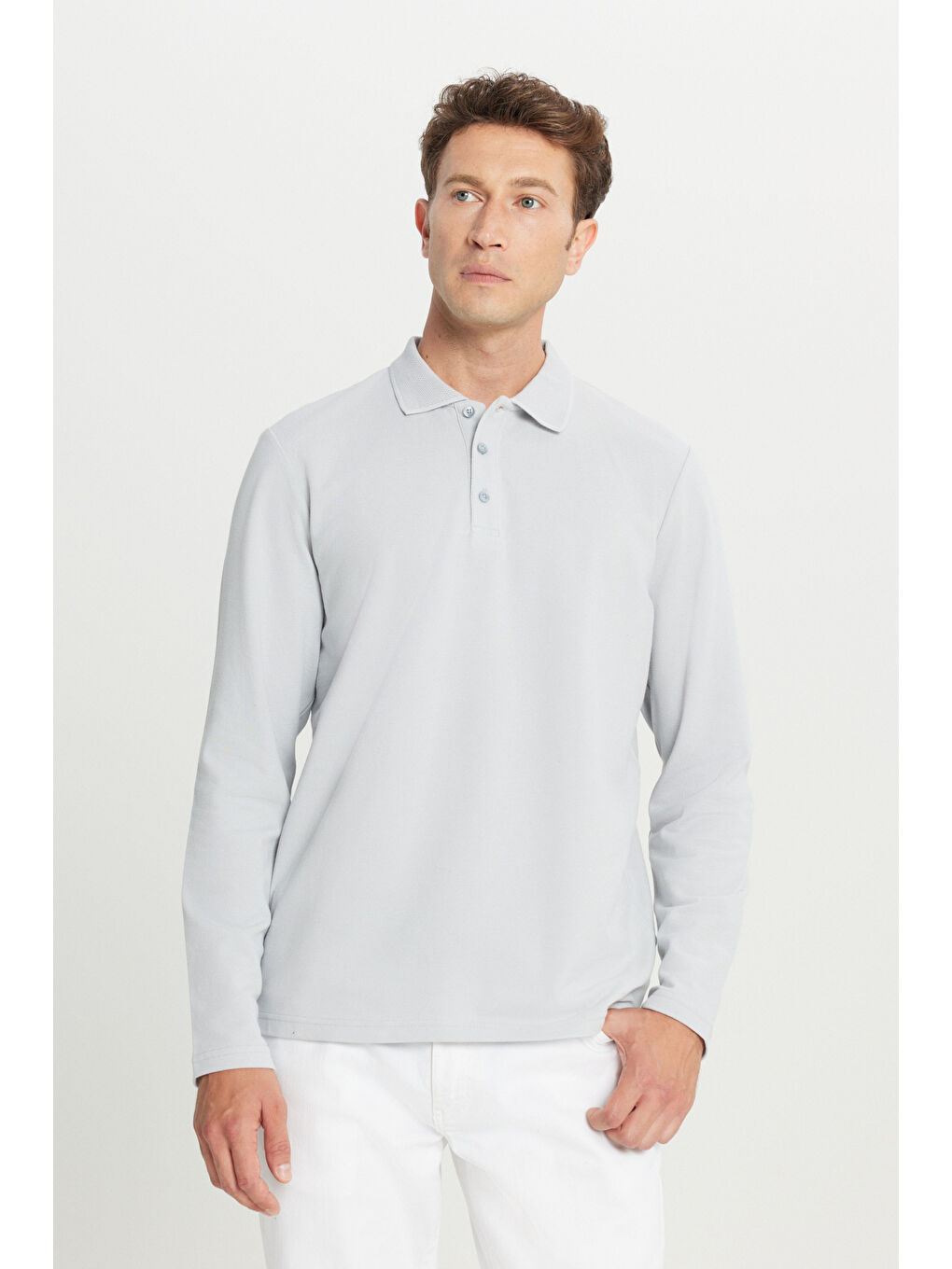 Erkek Gri %100 Pamuk Standart Fit Normal Kesim Polo Yaka Sweatshirt-2