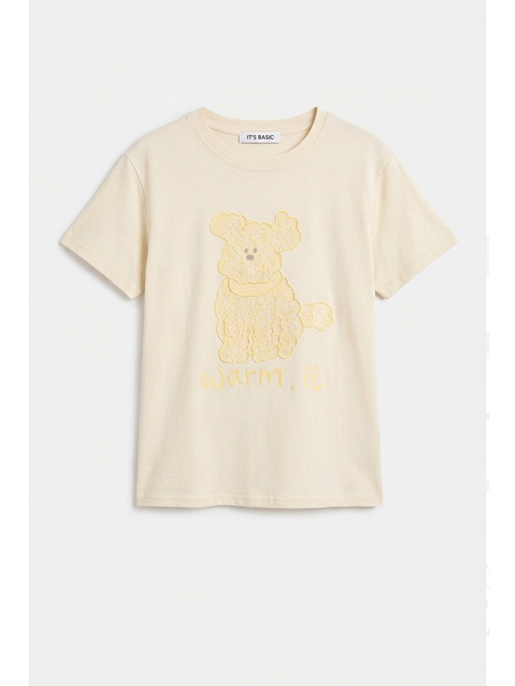 Kadın Bej Bol Kesim Köpüş Nakış Tasarım T-shirt-3