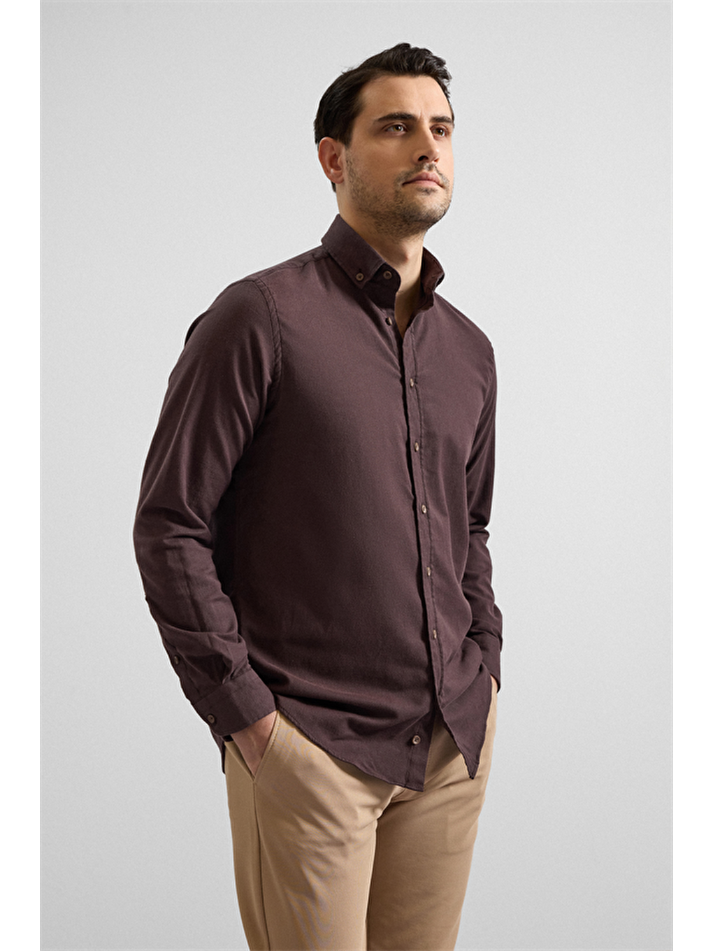 Kahverengi Koyu Kahve Regular Düğmeli Yaka Düz Cepsiz Casual Gömlek