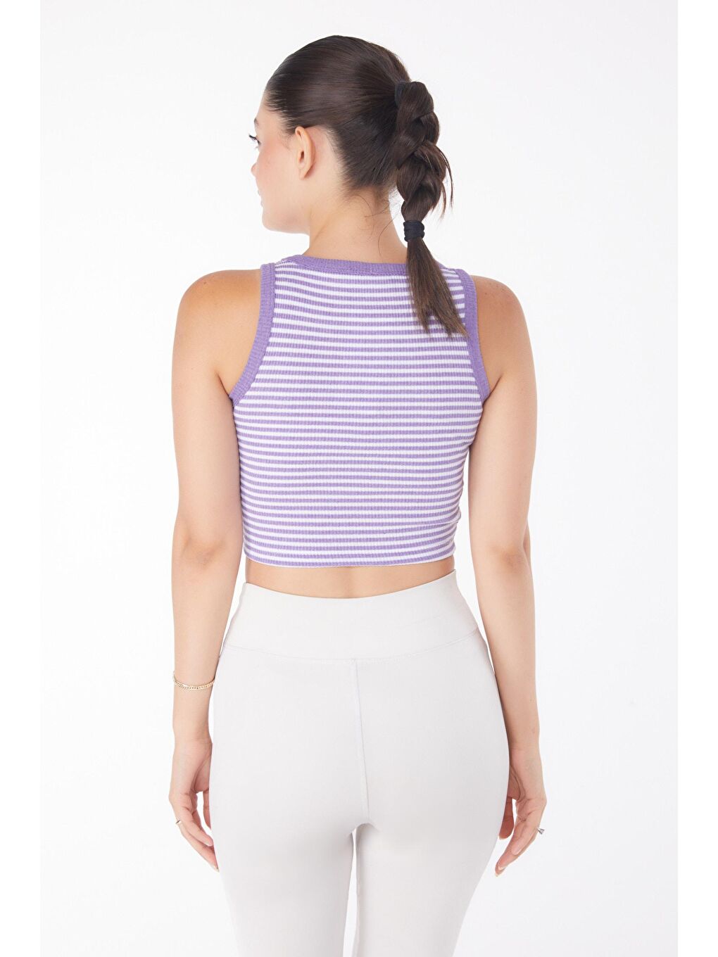 TOFİSA Mor Düz Bisiklet Yaka Kadın Mor Çizgili Crop - 25958 - 4