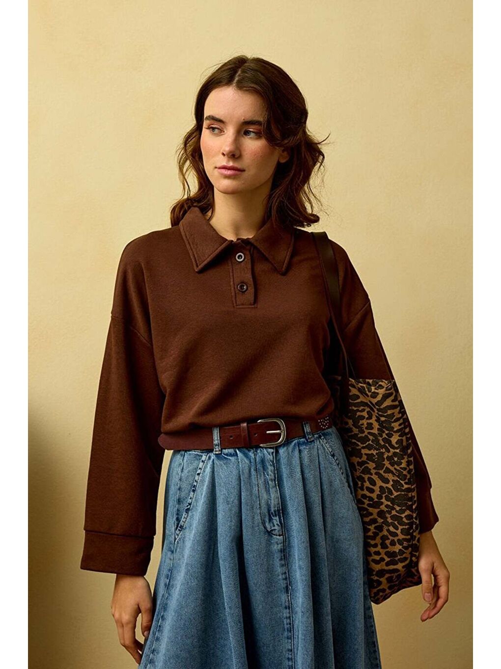 Kahverengi Acı Kahve Polo Yaka Crop-2