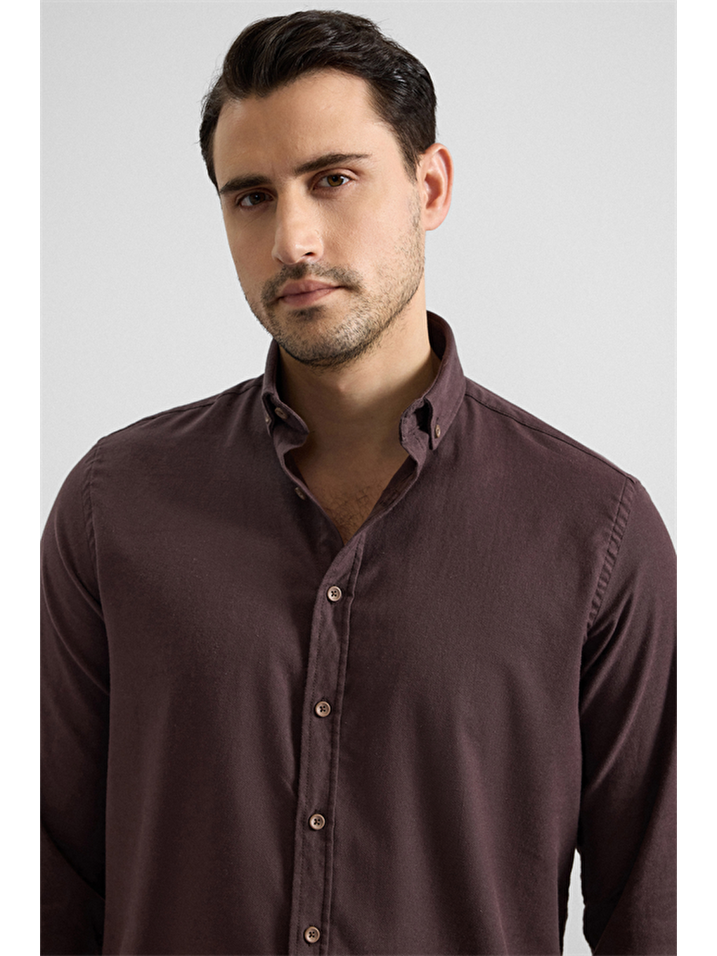 Kahverengi Koyu Kahve Regular Düğmeli Yaka Düz Cepsiz Casual Gömlek-1
