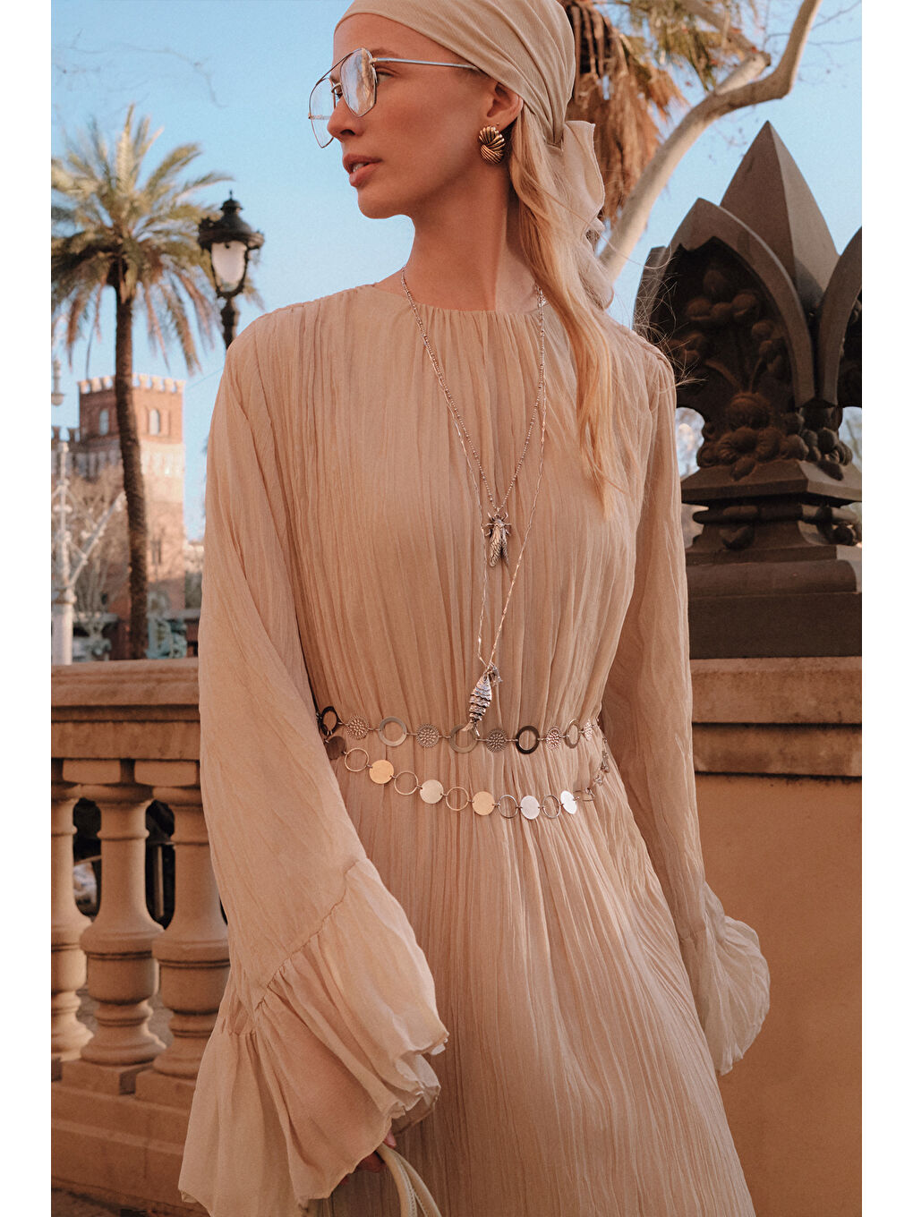 Yeşil Crush Piliseli Katlı Uzun Elbise Adaçayı-1