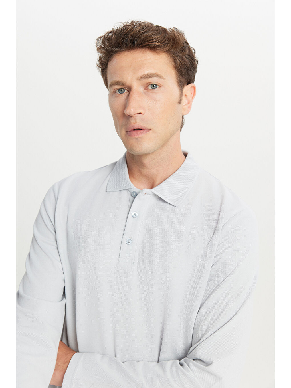 Erkek Gri %100 Pamuk Standart Fit Normal Kesim Polo Yaka Sweatshirt-3