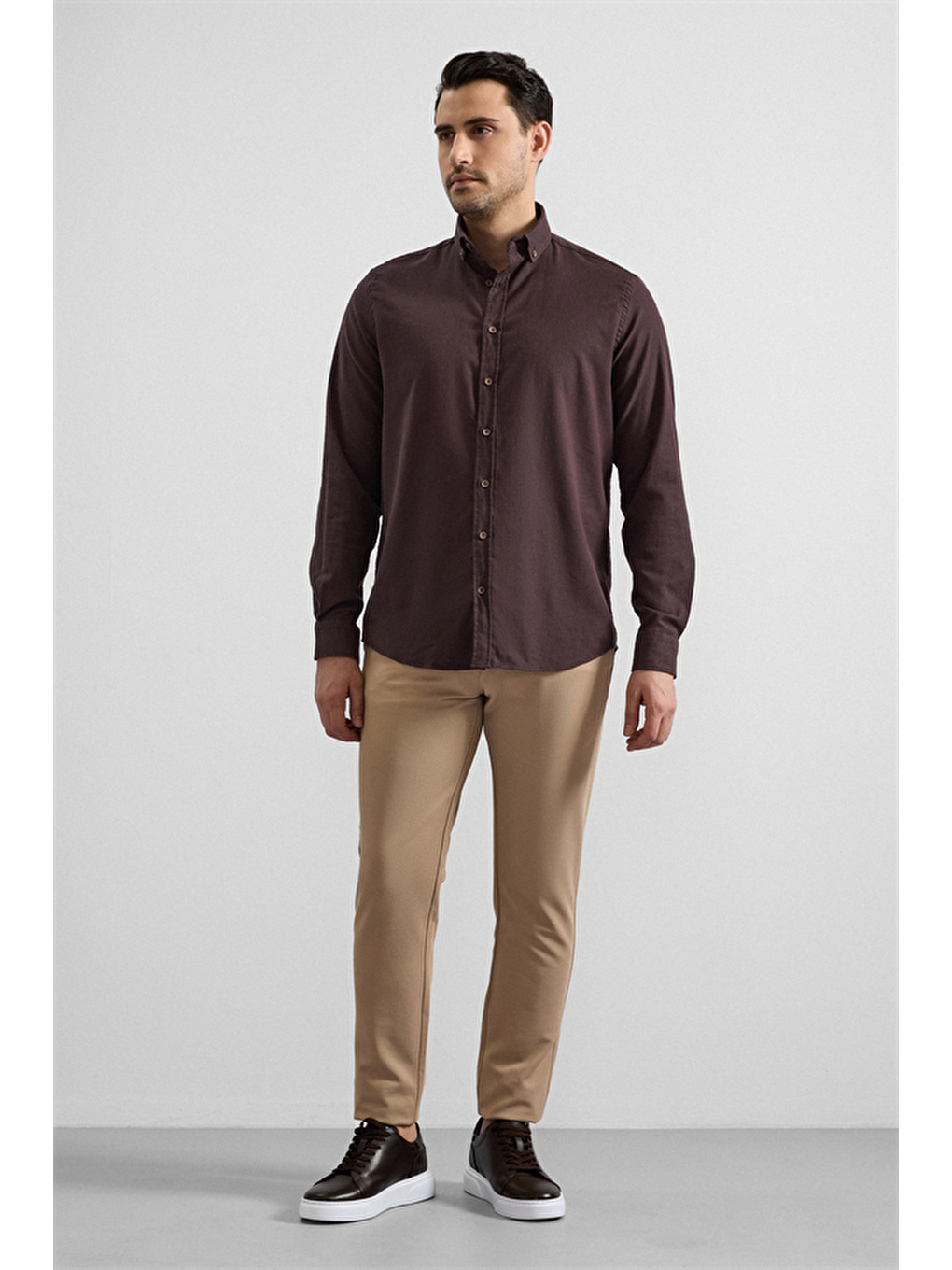 Kahverengi Koyu Kahve Regular Düğmeli Yaka Düz Cepsiz Casual Gömlek-3