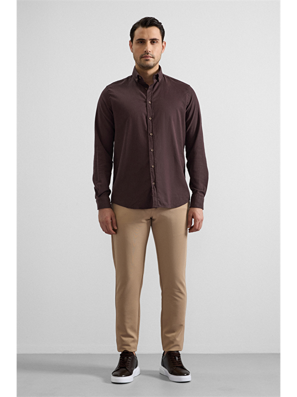 Kahverengi Koyu Kahve Regular Düğmeli Yaka Düz Cepsiz Casual Gömlek-4