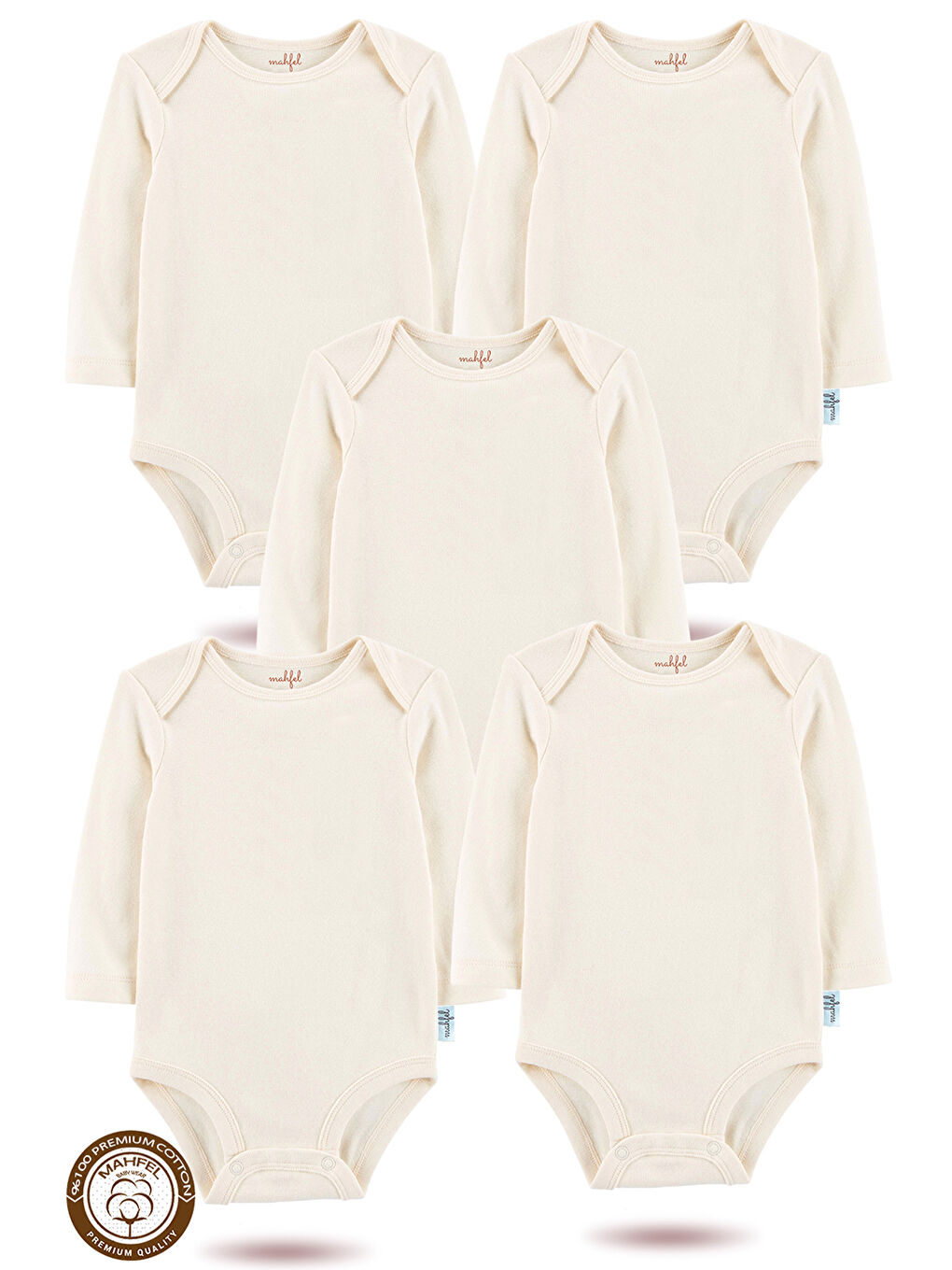 Ekru 5'li %100 Pamuklu Uzun Kollu Basic Çıtçıtlı Bebek Body Zıbın SR
