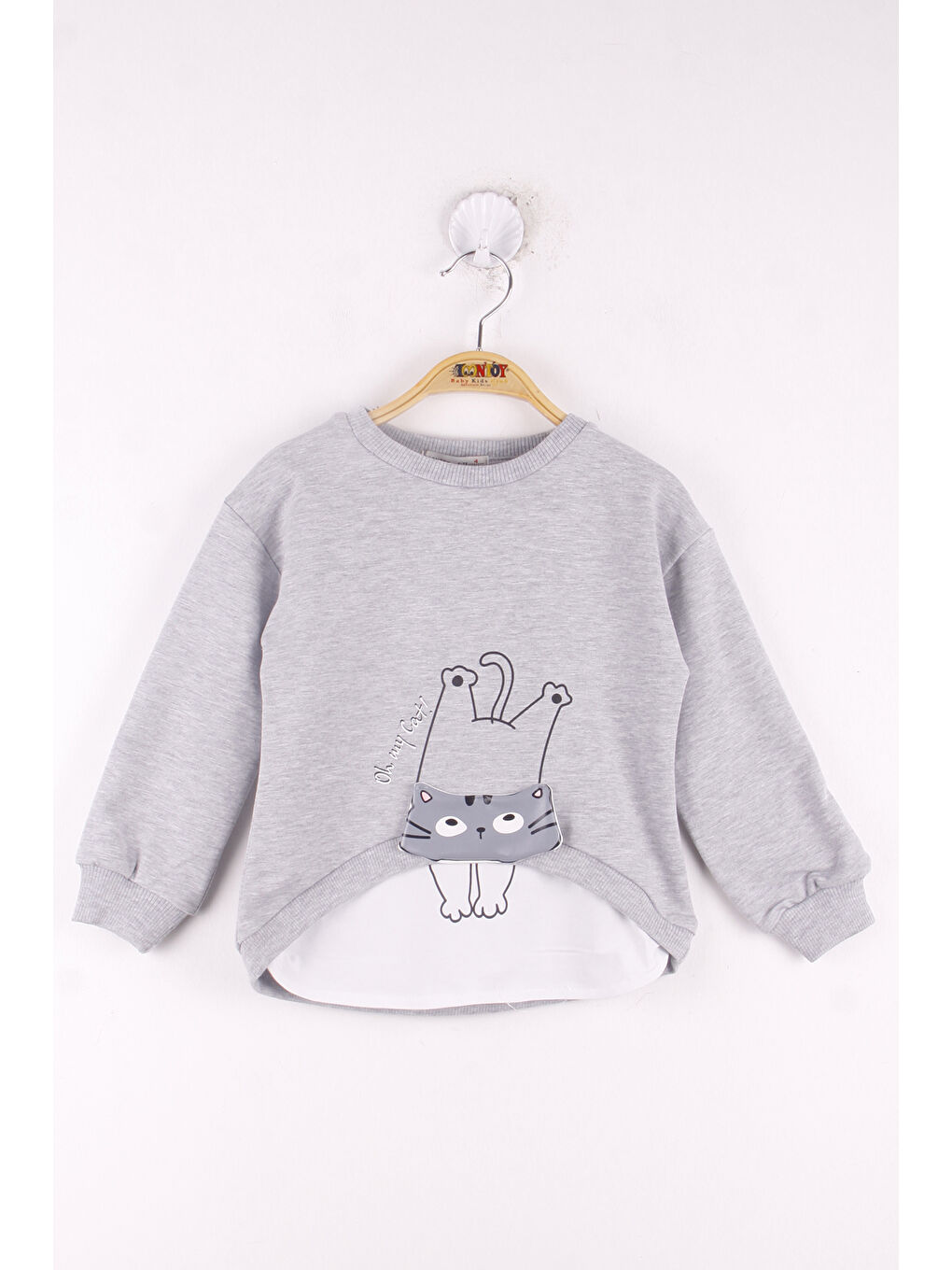 Gri Kız Çocuk Kedi Baskılı Sweatshirt-2