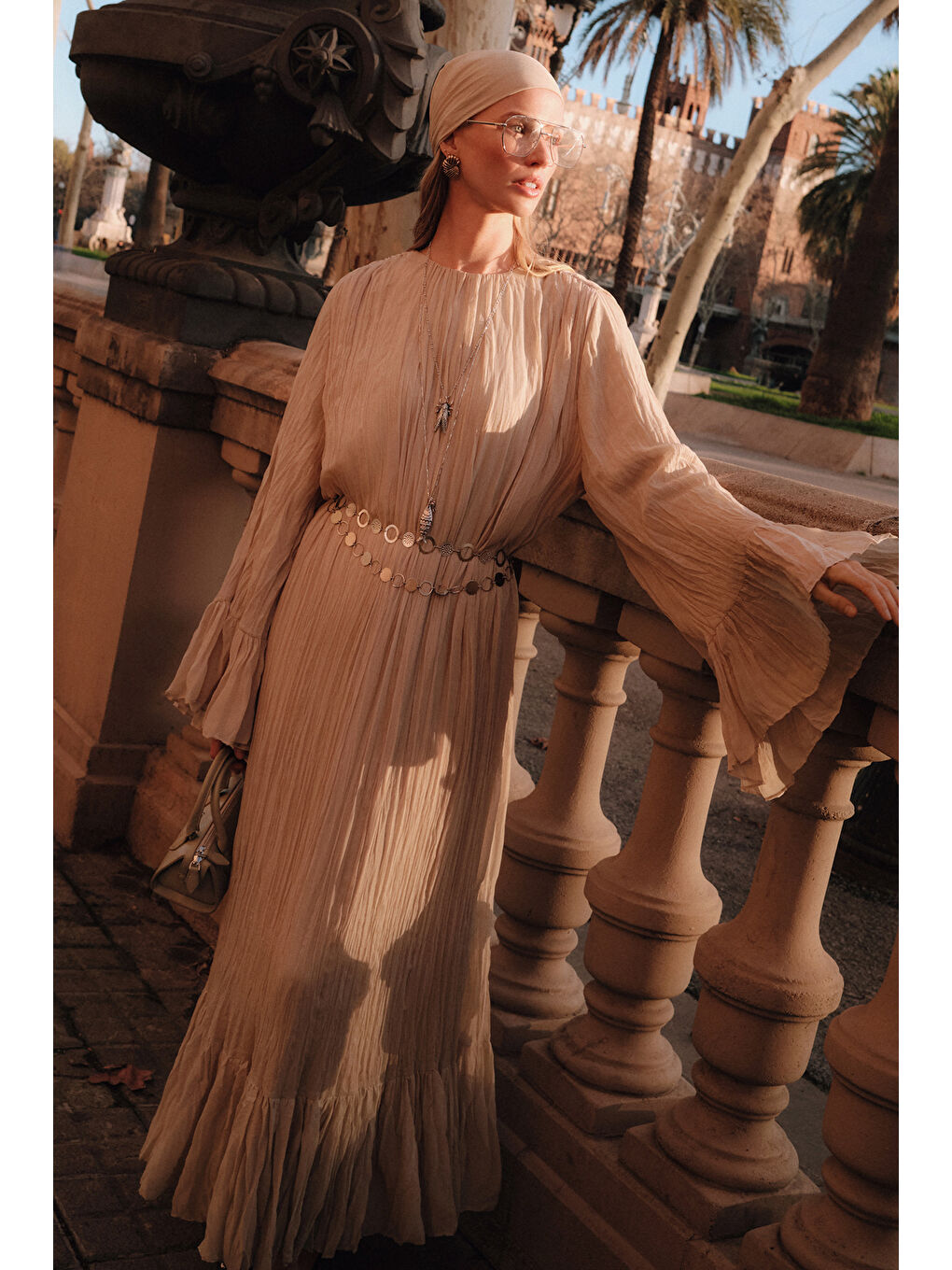 Yeşil Crush Piliseli Katlı Uzun Elbise Adaçayı-2