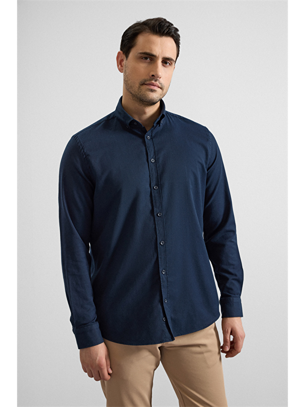 Lacivert Regular Düğmeli Yaka Düz Cepsiz Casual Gömlek