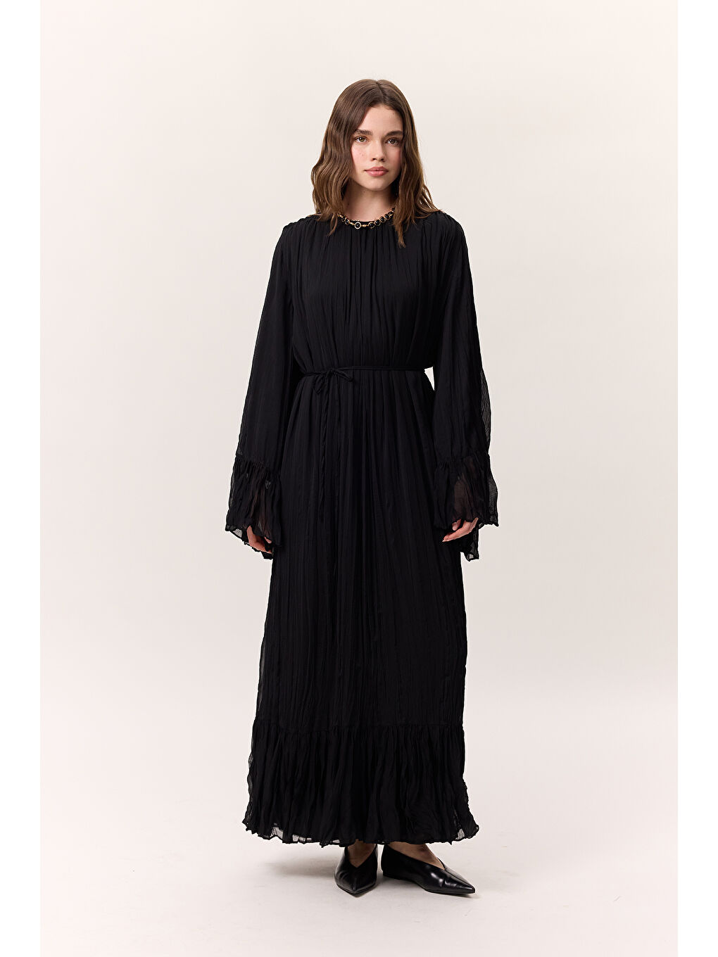 Crush Piliseli Katlı Uzun Elbise Siyah-2