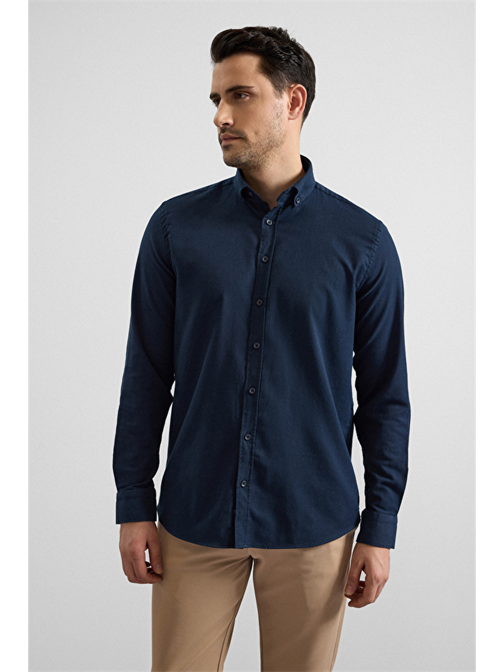 Lacivert Regular Düğmeli Yaka Düz Cepsiz Casual Gömlek-1