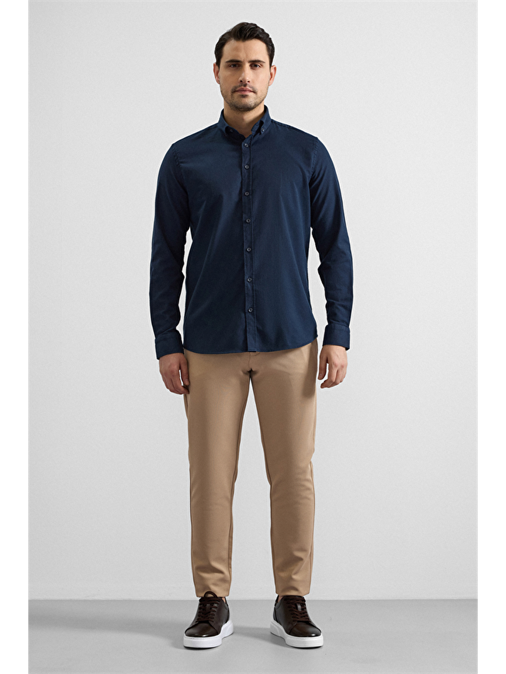 Lacivert Regular Düğmeli Yaka Düz Cepsiz Casual Gömlek-2