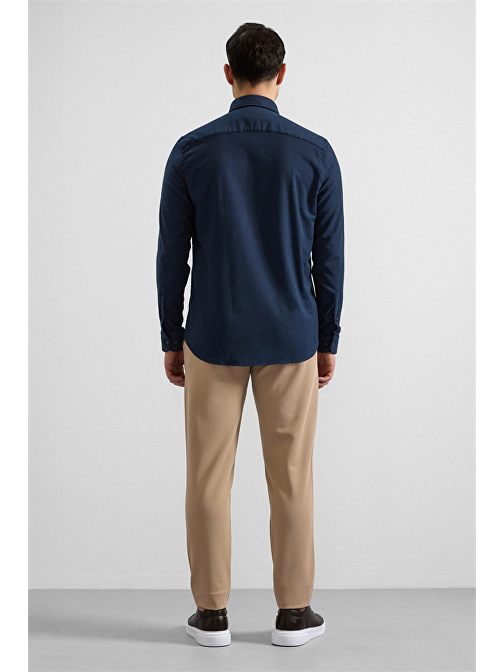 Lacivert Regular Düğmeli Yaka Düz Cepsiz Casual Gömlek-3
