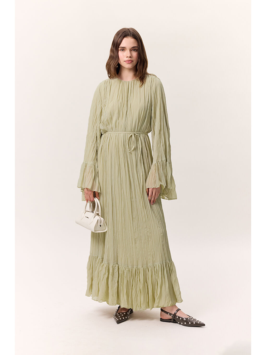 Yeşil Crush Piliseli Katlı Uzun Elbise Adaçayı-3