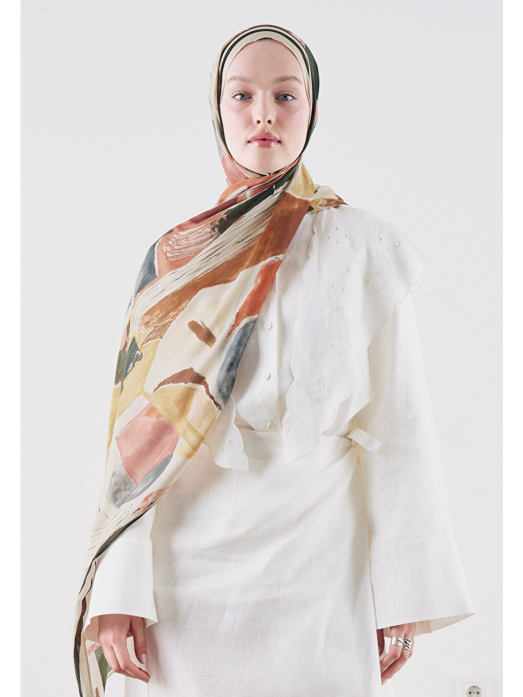 Turuncu Abstract Brush Desen Rami Viskon Şal Bakır-2